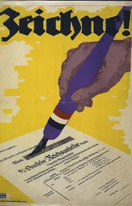 First World War 1914-1918. poster showing a hand holding a pen and signing a war bond certificate