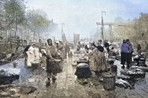 Fish market in Amsterdam, Traders and customers at a canal