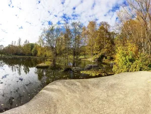 Fish pond with granite rocks in the Blockheide nature park Park near Gmund