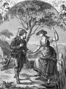 Fisher girl and hunter, historic illustration