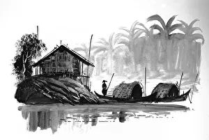 Fisherman with boats, hut, Historical landscape in Southeast Asia
