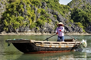 A fisherman calmly rows his boat along a green