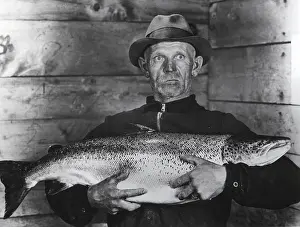 Fisherman with large salmon, presumably a king salmon or quinnat (Oncorhynchus tshawytscha)
