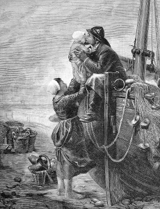 Fisherman saying his goodbyes to his family before embarking on a trip