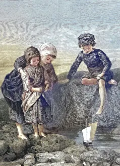 The fisherman's Children Playing by the Sea with a Toy Ship