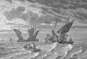 Fishermen catching sardines near the coast of Brittany
