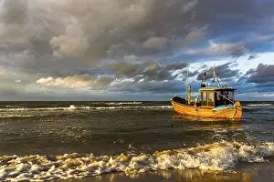 July 2020 Prints: Fishing boat in the sea, seaside resort Ahlbeck
