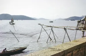 Fishing nets and boats on coastline