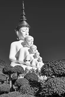 Five-headed Buddha statue, black and white photo