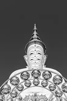 Five-headed Buddha statue, black and white photo