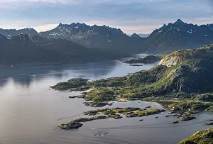Fjord Raftsund and mountains in atmospheric evening light