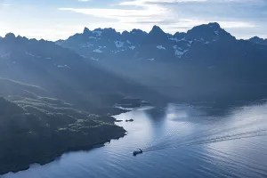 Fjord Raftsund and mountains, view from the top of Dronningsvarden or Stortinden