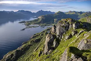Fjord Raftsund and mountains, view from the top of Dronningsvarden or Stortinden