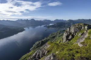 Fjord Raftsund and mountains, view from the top of Dronningsvarden or Stortinden
