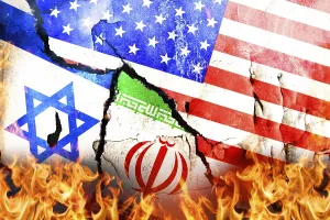 Flags of Israel, Iran and the USA on a broken ground