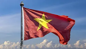 Flags, the national flag of Vietnam flutters in the wind