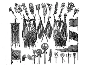 Flags, war flags, military flags and field insignia from different eras