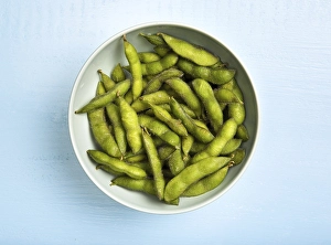 Category Buddhism Prints: Flat lay edamame beans in bowl