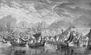The fleet of the crusaders in front of Constantinople during the Fourth Crusade in 1203