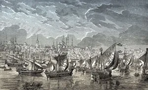 The fleet of the crusaders in front of Constantinople during the Fourth Crusade in 1203