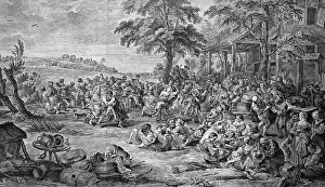 Flemish country parish fair, copper engraving after a painting by Rubens
