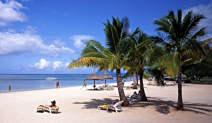 Flic en Flac, beach at the Sofitel Imperial Hotel, palm trees, holidaymakers, Mauritius Island, Indian Ocean