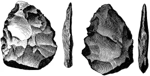 Flint tools, in side and top view, archaeological find from the Wookey Hole Caves, County Somerset, limestone cave, geology, history of mankind, England, historical illustration1880