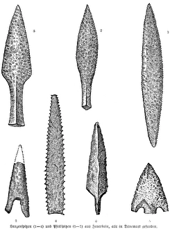 Flint weapons, spearheads (1-4) and arrowheads (5-7), archaeology, Stone Age, history of prehistoric mankind, Denmark, historical illustration 1880, Europe