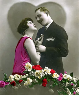Flirt, kitsch, couple flirts in the backdrop of heart and roses