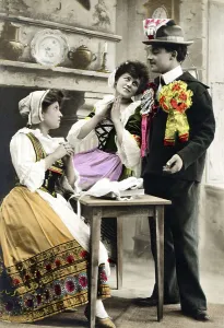 Flirt, one man, two admirers, 1920s