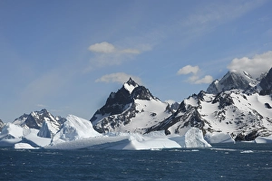 Floating icebergs off mountain peaks with snow