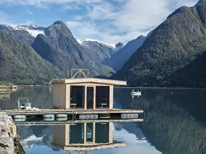 Floating sauna, village Fjaerland at the Sognefjord