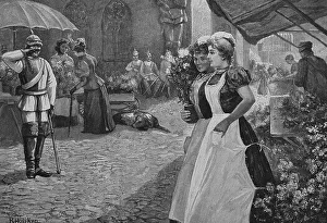 Flower market, woodcut, 1888