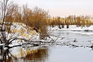 Flowing water and snow-covered trees on the shore with sunset sky background