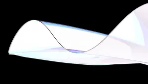 A fluid, glass wave form gracefully curves across a black background