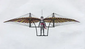 Flying machine by Jacob Degen, hand-colored copper engraving from Friedrich Justin Bertuch picture book for children
