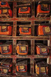Folios of old manuscripts in library of Thiksey Gompa (Tibetan Buddhist Monastery)
