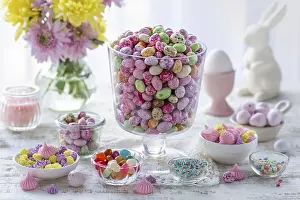 Food, Beautiful festive Easter table with colorful candy eggs