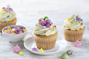 Food, Easter cupcakes decorated with colorful sprinkles end candy eggs