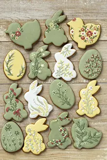 Framed Print : Food, Easter icing cookies on wooden background
