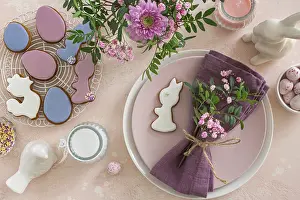 Food, Easter table setting with flowers and icing cookies
