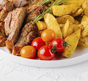Food, Grilled kebab pork meat with roasted potato and vegetables