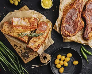 Food, Marinated pork steaks on cutting board and ingredients for cooking