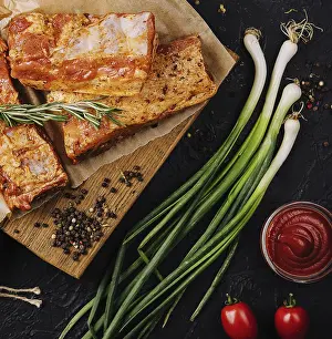 Food, Marinated pork steaks on cutting board and ingredients for cooking
