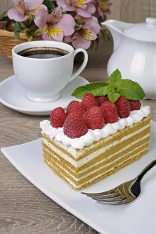 Food, Piece of honey cake with whipped cream and raspberries