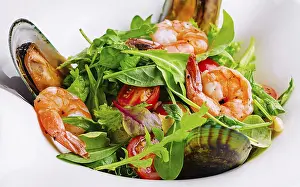 Food, Seafood salad with shrimps and mussels on plate