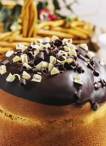 food still-life, Round fragrant Easter bun with chocolate sprinkles
