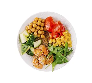 Food, Top view of a colorful and nutritious vegan buddha bowl isolated on a white background