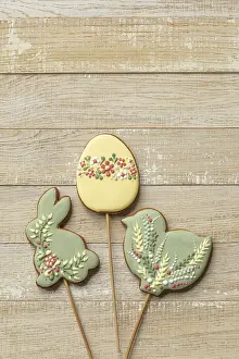Food, Wooden background with easter icing cookies