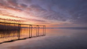A footbridge leads into the calm Lake Constance at sunrise